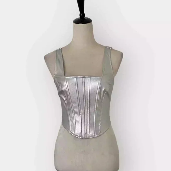 NWOT Japna Metallic Silver Zip Up Corset Faux Leather Crop Bustier Sz S - Picture 2 of 12